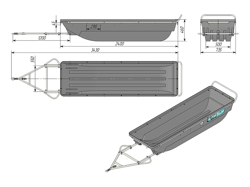 Сани-волокуши с дышлом ТанПласт ТИТАН-24.50 МАСТЕР (с защитной обвязкой)