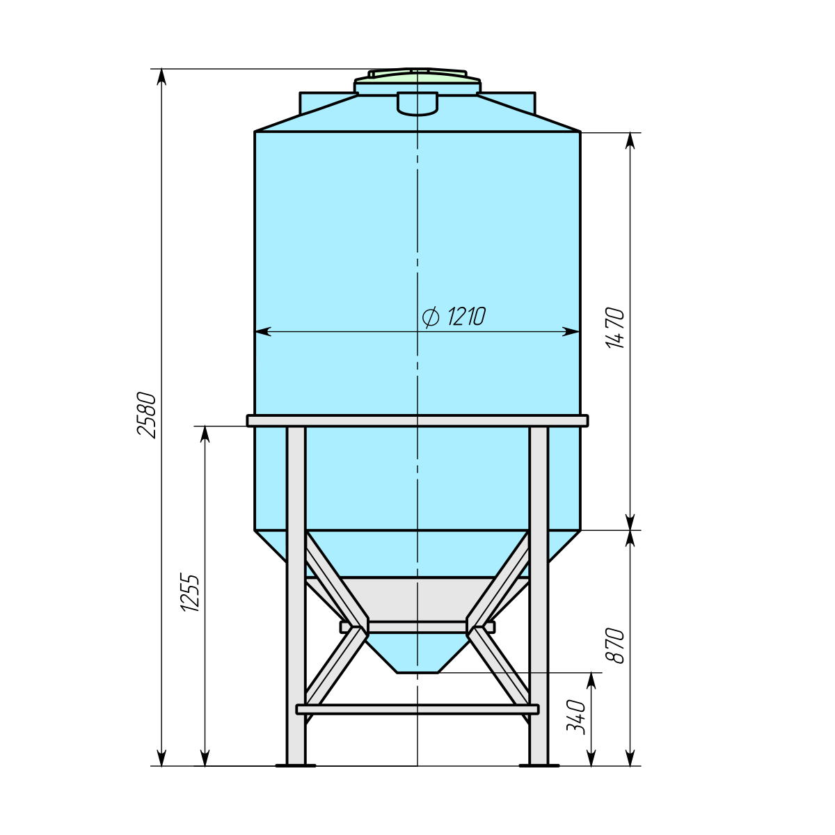 Пластиковая вертикальная ёмкость с коническим дном на опоре ТанПласт ТЦКВ-2000